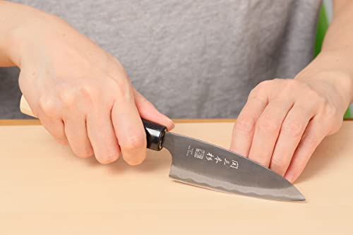 Seki Sanbonsugi Japanese Utility Chef Kitchen Knife, KUROUCHI Carbon Tool Steel Ajikiri Small Deba Knife, Shiraki Wooden Handle, 105 mm, Made in Seki Japan