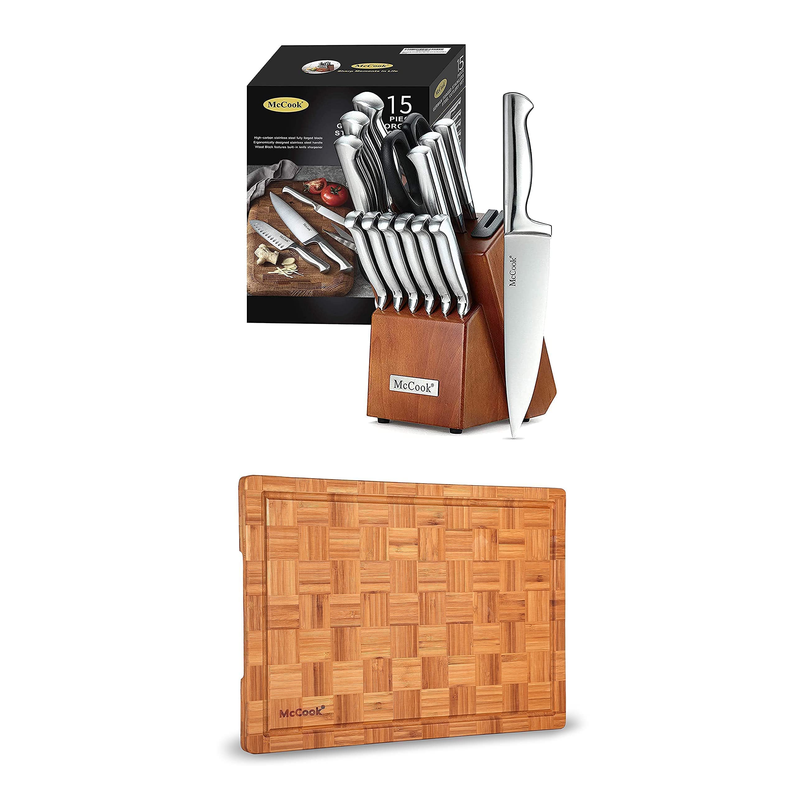 McCook MC29 German Stainless Steel Knife Block Sets with Built-in Sharpener + MCW12 Bamboo Cutting Board (Large, 17”x12”x1”)