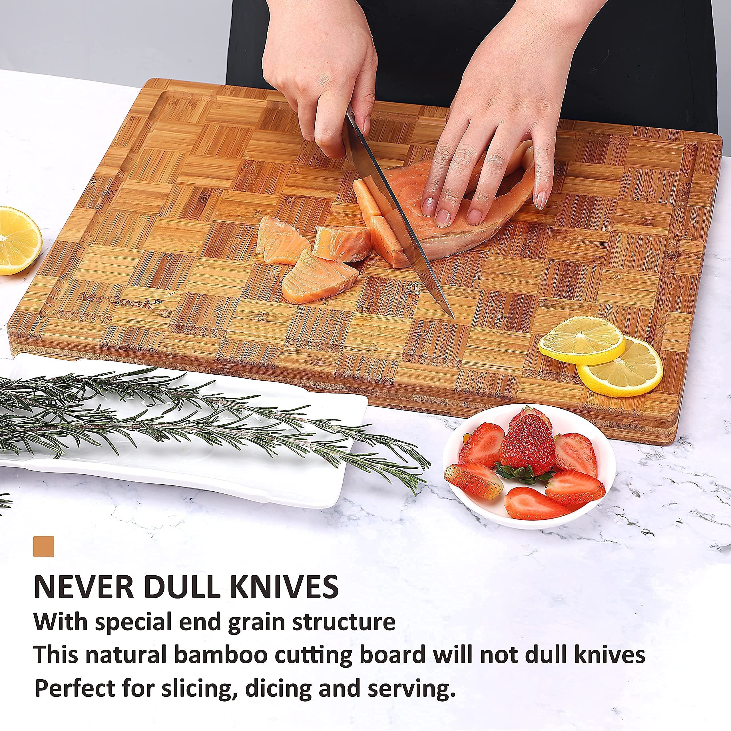 McCook MC29 German Stainless Steel Knife Block Sets with Built-in Sharpener + MCW12 Bamboo Cutting Board (Large, 17”x12”x1”)