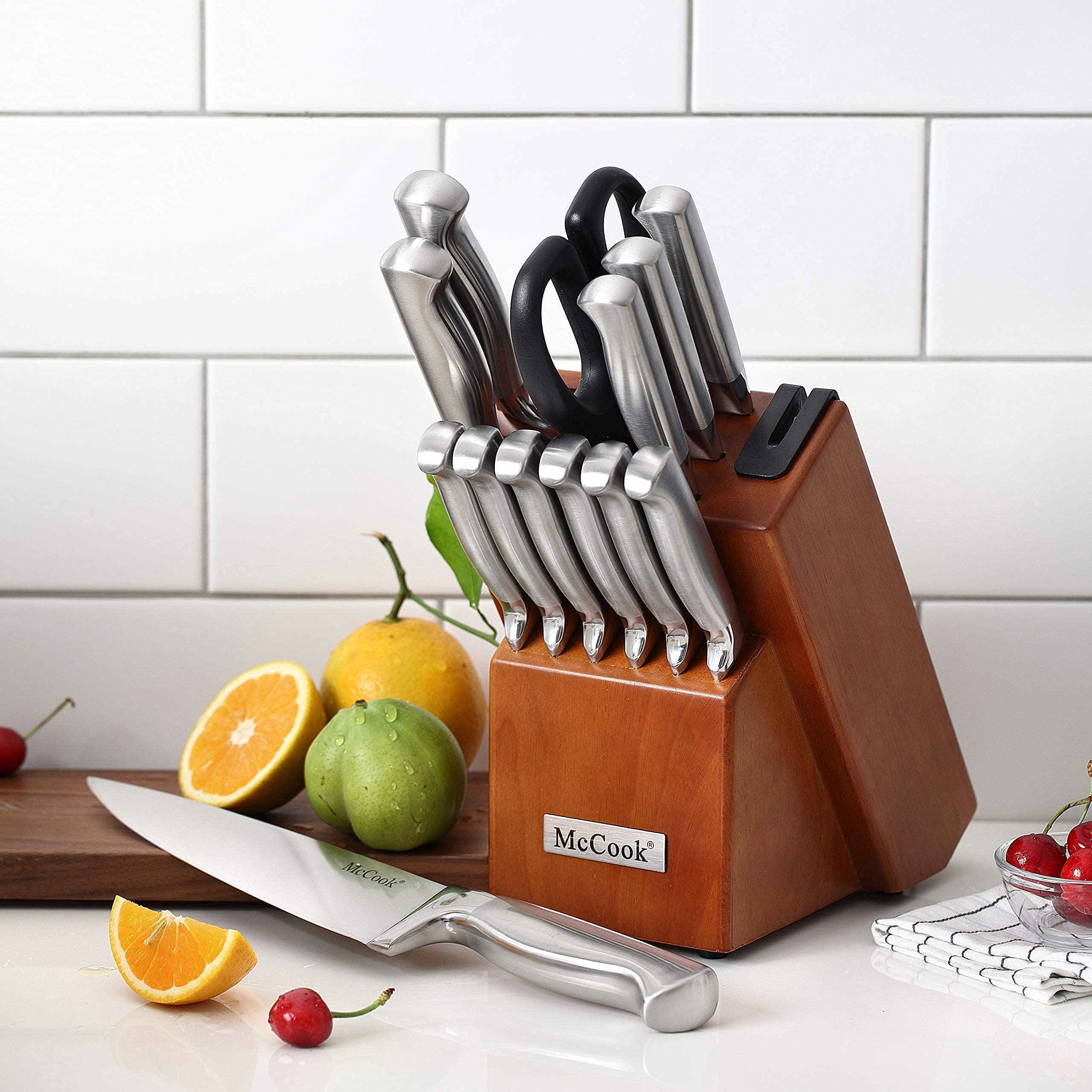 McCook MC29 German Stainless Steel Knife Block Sets with Built-in Sharpener + MCW12 Bamboo Cutting Board (Large, 17”x12”x1”)