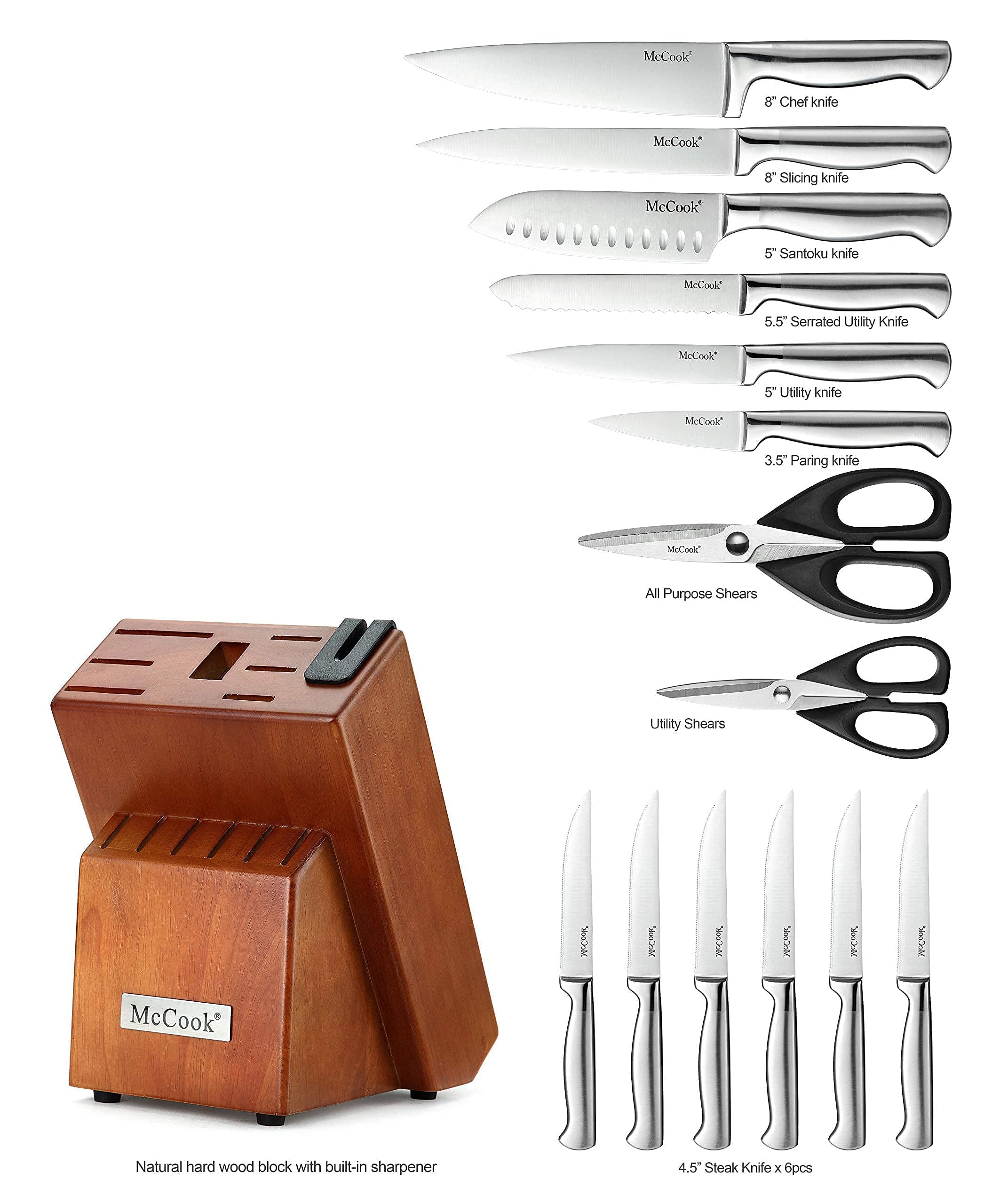 McCook MC29 German Stainless Steel Knife Block Sets with Built-in Sharpener + MCW12 Bamboo Cutting Board (Large, 17”x12”x1”)