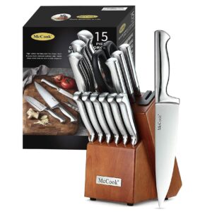 McCook MC29 German Stainless Steel Knife Block Sets with Built-in Sharpener + MCW12 Bamboo Cutting Board (Large, 17”x12”x1”)