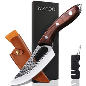 wxcoo butcher knife 5.9-inch, viking knife hand forged boning knife with leather sheath & sharpener, kitchen cleaver meat knives for home outdoor bbq camping
