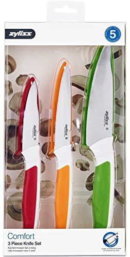 Zyliss E920240 Comfort 3 Piece Knife Set, Multiple Sizes, Japanese Stainless Steel, Multicolour, 3 x Kitchen Knives with Protection Covers, Dishwasher Safe