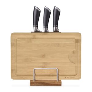 Navaris Knife Block and Cutting Board Holder - Magnetic Knife Block without Knives - Acacia Wood Stand for Kitchen Counter - Space Saving Storage