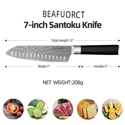 BEAFUORCT Japenses Chef Knife, 7inch Chefs Knife, Stainless Steel Kitchen Knives, High Carbon Chopping Knife, Sharp Santofu Knife with Finger Protector & Gift Box For Kitchen