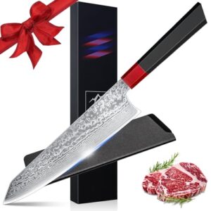 ompusos 8.5” chef knife, kitchen knives ultra sharp, vg-10 stainless steel with ergonomic g10 octagonal handle, japanese pro chefs knife kitchen knives with gift box & knife sheath