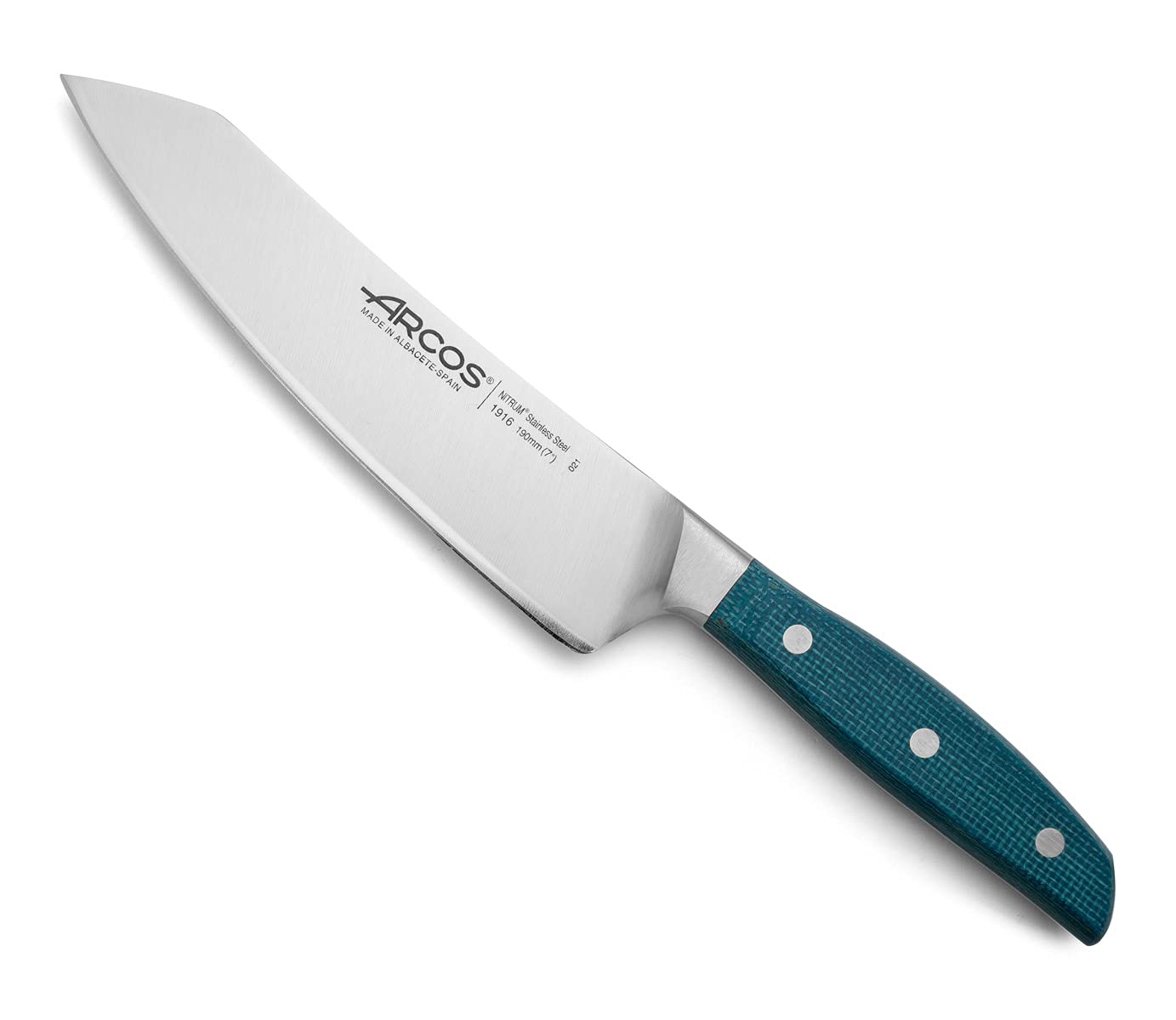 Arcos Forged Rocking Santoku Knife Stainless Steel 7 Inch. Micarta Handle & Special Silk Edge and Silver Blade 190 mm. Series Brooklyn. Blue Color . Impress and Amaze with Every Cut