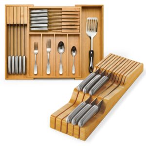 in-drawer knife block organizer and utensil organizer for kitchen drawers