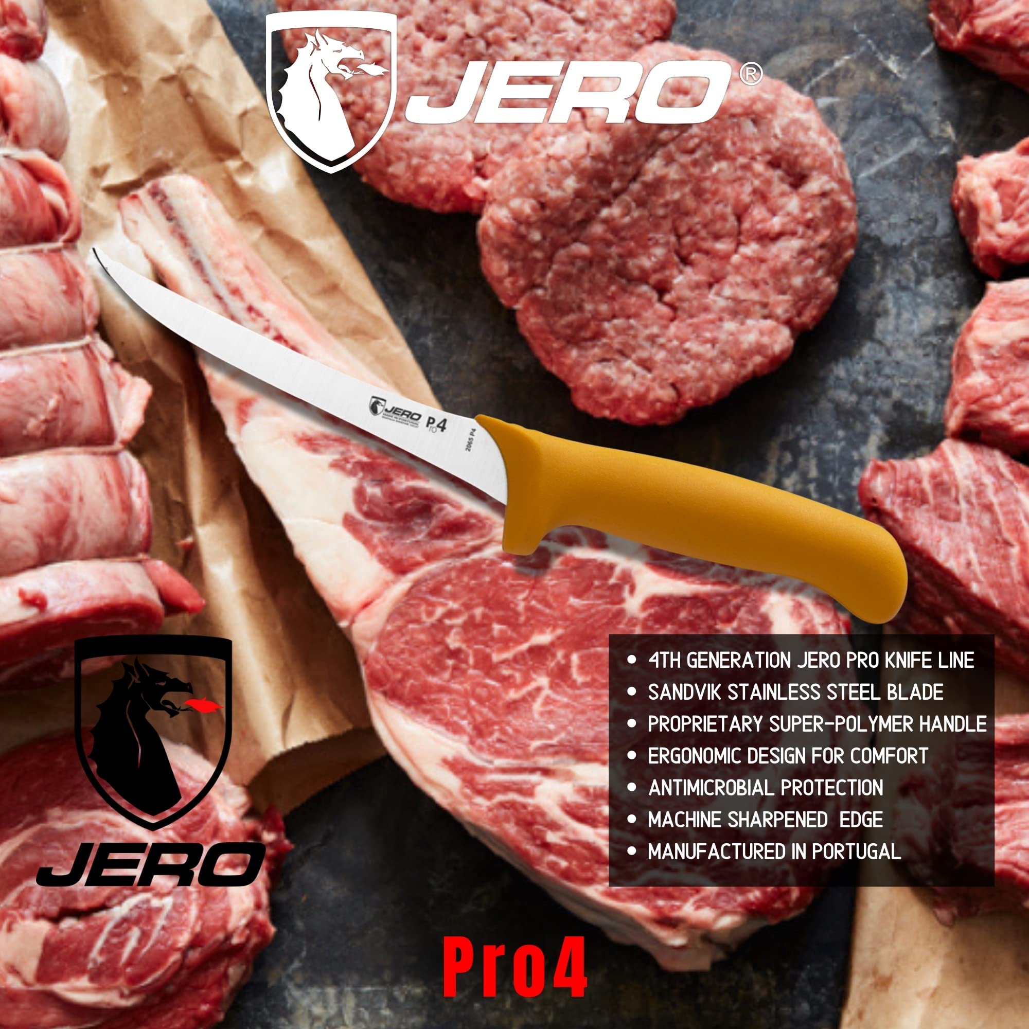 Jero Pro4 Series 6 Inch Curved Stiff Boning Knife - Professional Boning Knife - Sandvik High-Carbon Stainless Steel Blade - Ergogrip Super-Polymer Handle - Made In Portugal- Yellow Handle