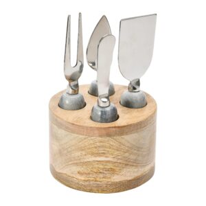 creative co-op stainless steel cheese servers with mango wood stand cutlery, set of 4, grey & natural