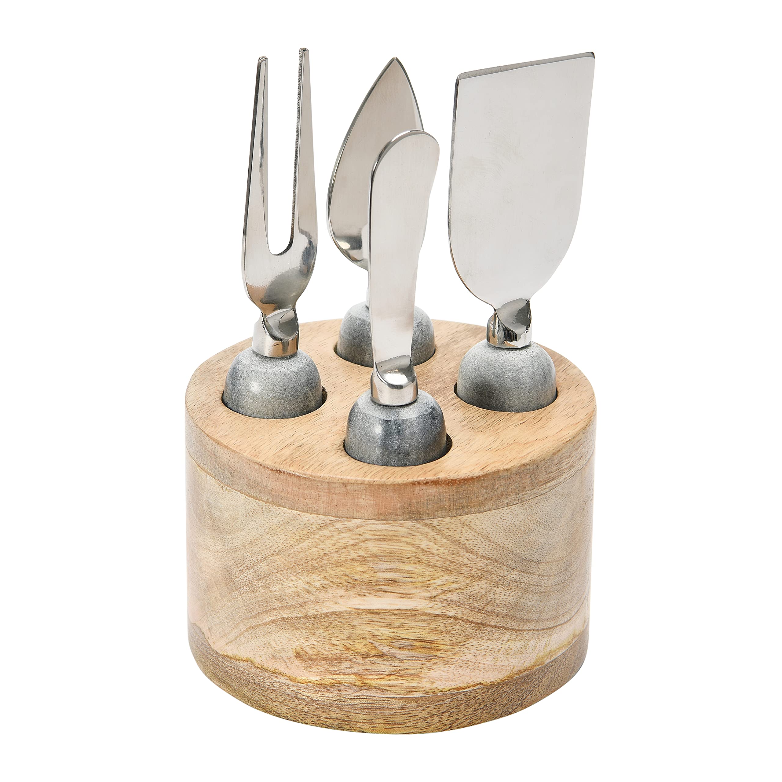 Creative Co-Op Stainless Steel Cheese Servers with Mango Wood Stand Cutlery, Set of 4, Grey & Natural