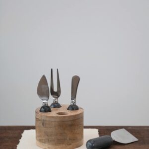 Creative Co-Op Stainless Steel Cheese Servers with Mango Wood Stand Cutlery, Set of 4, Grey & Natural