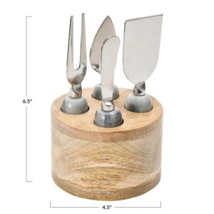 Creative Co-Op Stainless Steel Cheese Servers with Mango Wood Stand Cutlery, Set of 4, Grey & Natural