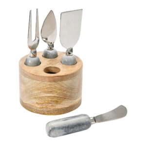 Creative Co-Op Stainless Steel Cheese Servers with Mango Wood Stand Cutlery, Set of 4, Grey & Natural