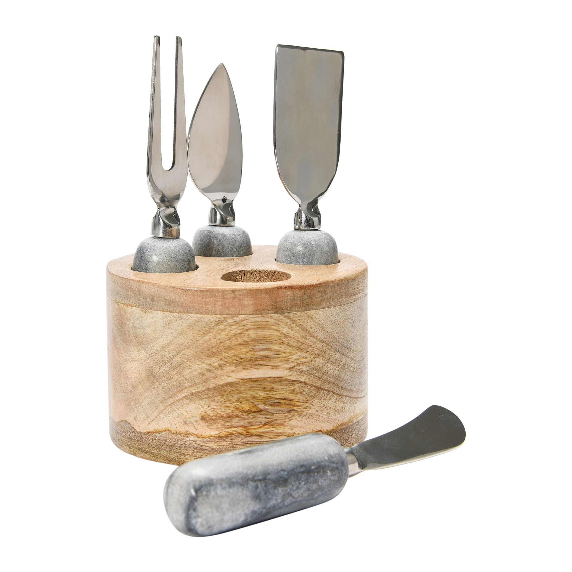 Creative Co-Op Stainless Steel Cheese Servers with Mango Wood Stand Cutlery, Set of 4, Grey & Natural