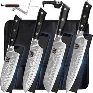 xyj authentic since 1986,4-pieces damascus knives set with roll bag,sheath,sharpener,santoku chef knife,slicing cutting vegetable knife,damascus steel kitchen knives g10 handle