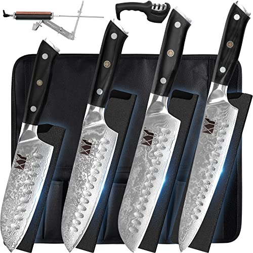 XYJ Authentic Since 1986,4-pieces Damascus Knives Set With Roll Bag,Sheath,Sharpener,Santoku Chef Knife,Slicing Cutting Vegetable Knife,Damascus Steel Kitchen Knives G10 Handle