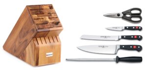 wüsthof wusthof classic 6 piece kitchen knife set | 3.5" paring knife, 8" bread knife, 8" cook's knife, 9" honing steel come apart kitchen shears, black
