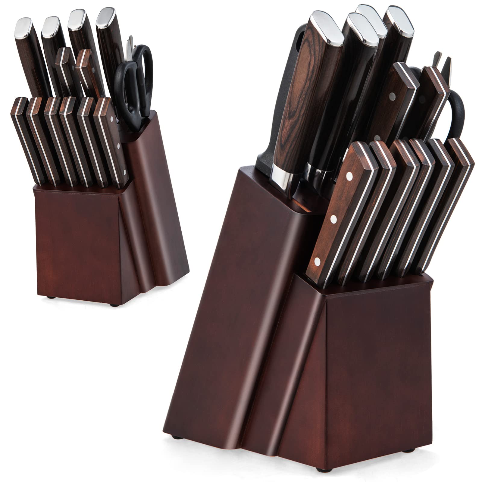 COSTWAY 15-Pieces Kitchen Knife Sets, with Block, Sharpener & Kitchen Shears, Includes Chef Knife, Bread Knife, Santoku Knife, Utility Knife, Paring Knife, 6 Steak Knives (Dark Brown)