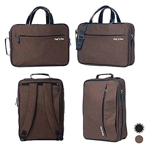 Chef Knife Bag Convertible Backpack | Transforms to Messenger Bag to Shoulder Sling Crossbody Bag | 21+ Pockets for Knives & Culinary Tools | Large Pockets for Laptop Tablet & Notebook (Brown)