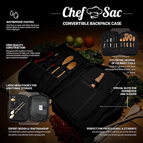 Chef Knife Bag Convertible Backpack | Transforms to Messenger Bag to Shoulder Sling Crossbody Bag | 21+ Pockets for Knives & Culinary Tools | Large Pockets for Laptop Tablet & Notebook (Brown)