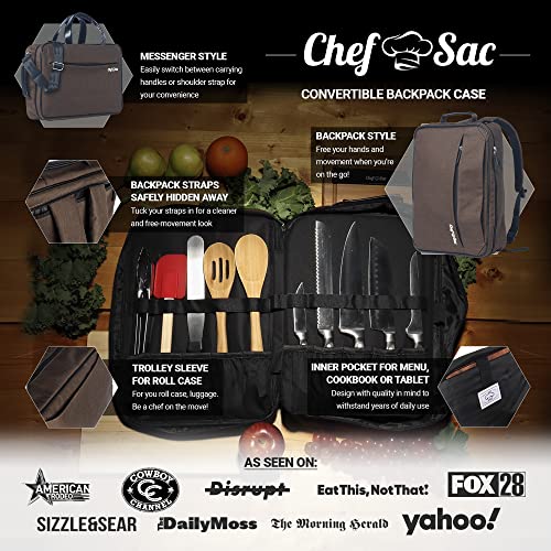 Chef Knife Bag Convertible Backpack | Transforms to Messenger Bag to Shoulder Sling Crossbody Bag | 21+ Pockets for Knives & Culinary Tools | Large Pockets for Laptop Tablet & Notebook (Brown)