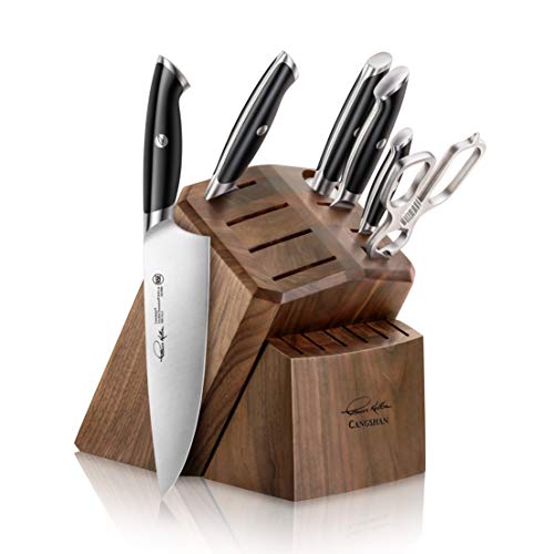 Cangshan Thomas Keller Signature Collection Swedish Powder Steel Forged, 7-Piece Knife Block Set, Walnut Block with 8 Spare Slots, Black