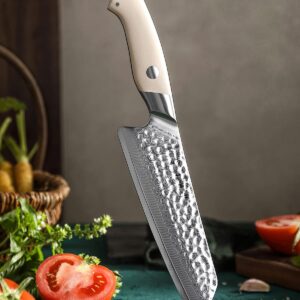 HEZHEN 7.3” Santoku Knife, High Carbon Damascus Steel Chef Knife, Hammered Japanese Style Kitchen Knives,Meat Vegetable Cutting Cleaver Knife, Ivory White G10 Handle