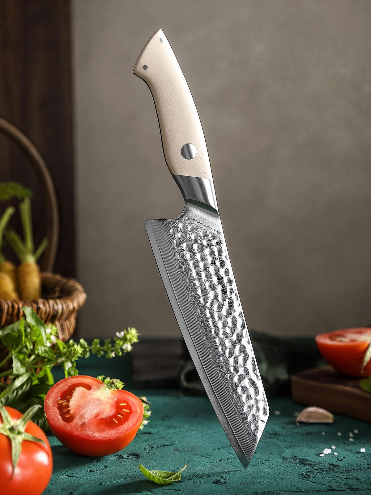 HEZHEN 7.3” Santoku Knife, High Carbon Damascus Steel Chef Knife, Hammered Japanese Style Kitchen Knives,Meat Vegetable Cutting Cleaver Knife, Ivory White G10 Handle