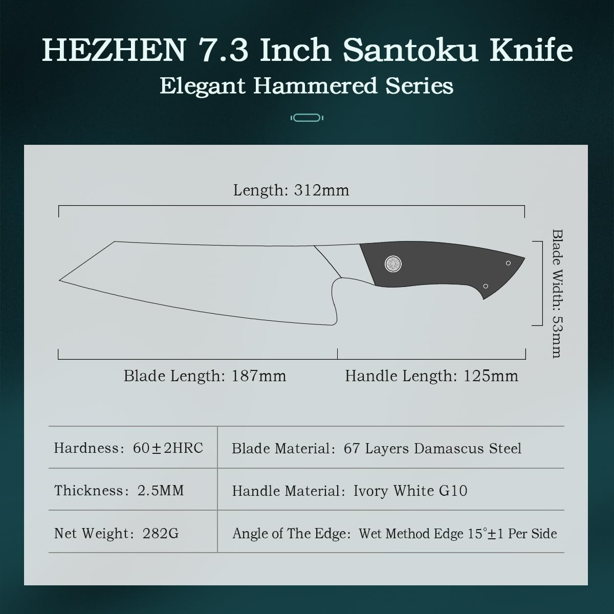 HEZHEN 7.3” Santoku Knife, High Carbon Damascus Steel Chef Knife, Hammered Japanese Style Kitchen Knives,Meat Vegetable Cutting Cleaver Knife, Ivory White G10 Handle