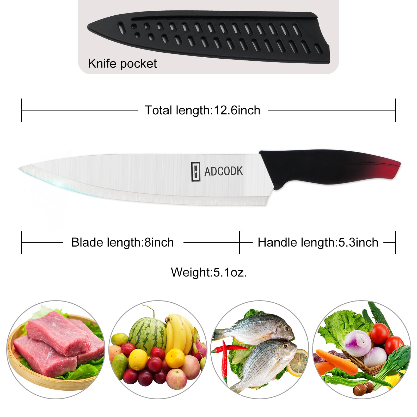 ADCODK Chef Knife - Pro Kitchen Knife 8 Inch Chef's Knives Stainless Steel With Sheath Ergonomic Handle