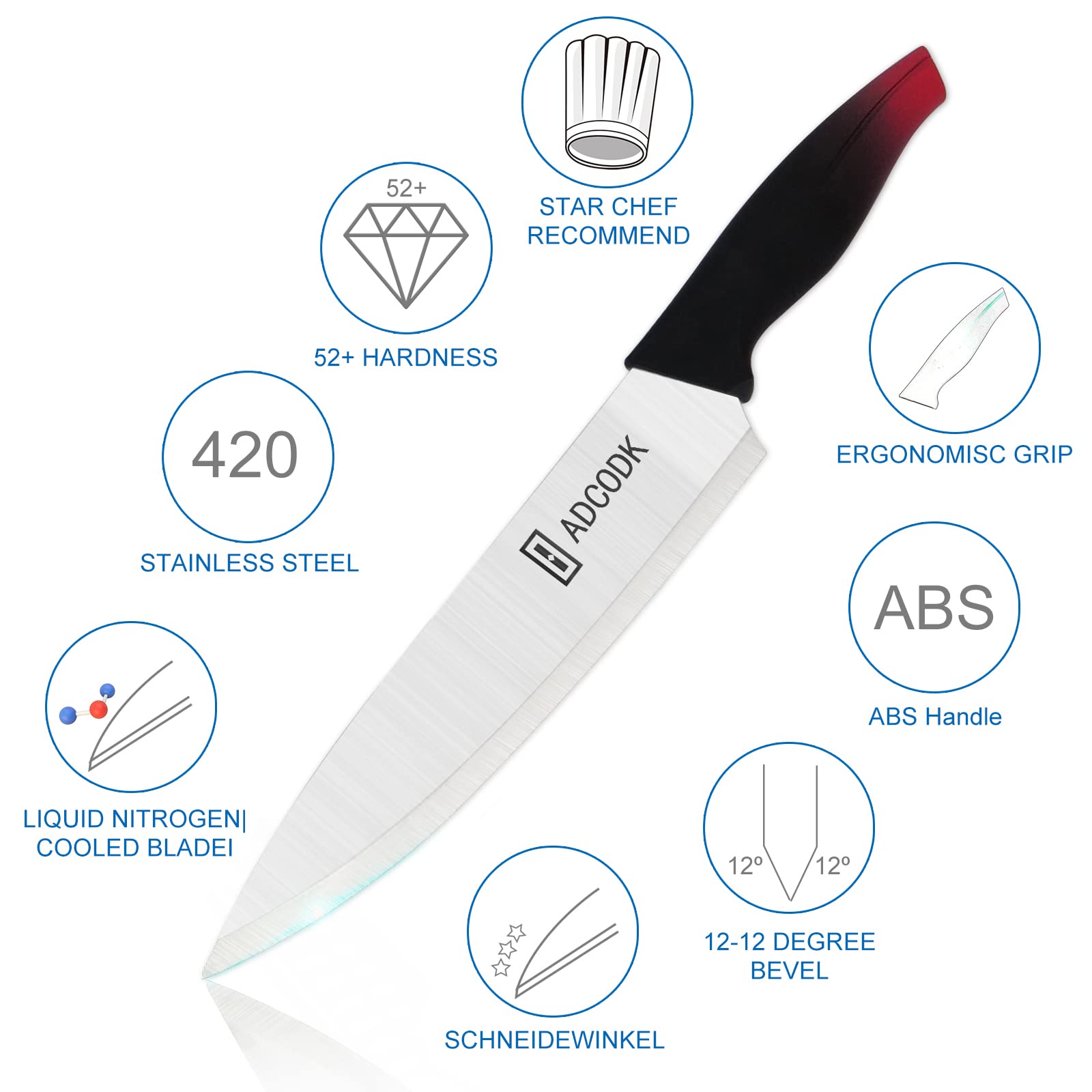 ADCODK Chef Knife - Pro Kitchen Knife 8 Inch Chef's Knives Stainless Steel With Sheath Ergonomic Handle