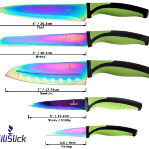 SiliSlick Kitchen Knife Set Titanium Coated Blades and Portable Sharpener