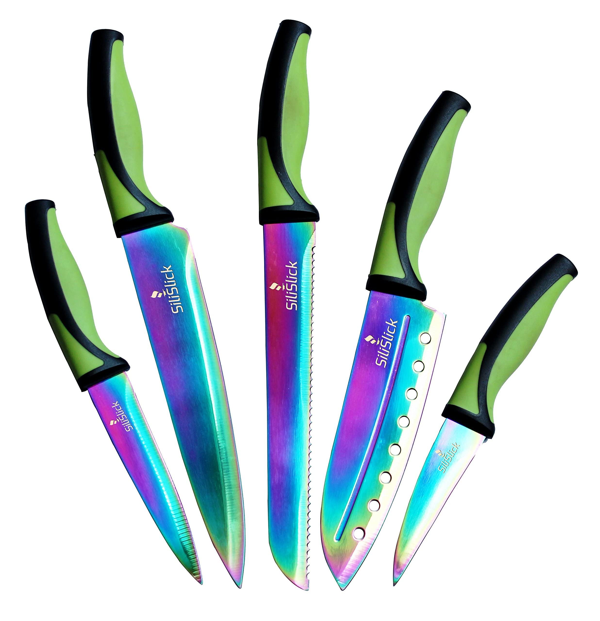 SiliSlick Kitchen Knife Set Titanium Coated Blades and Portable Sharpener