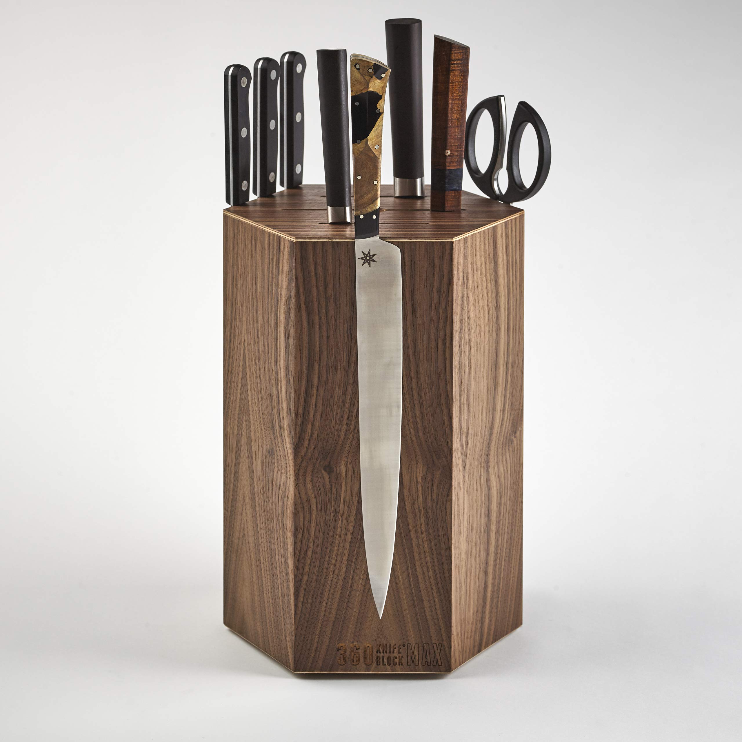 360 Knife Block MAX - (walnut) rotating, magnetic, knife block - NOW w/top slots - capacity for 20+ knives & 12" blades (Walnut wood)