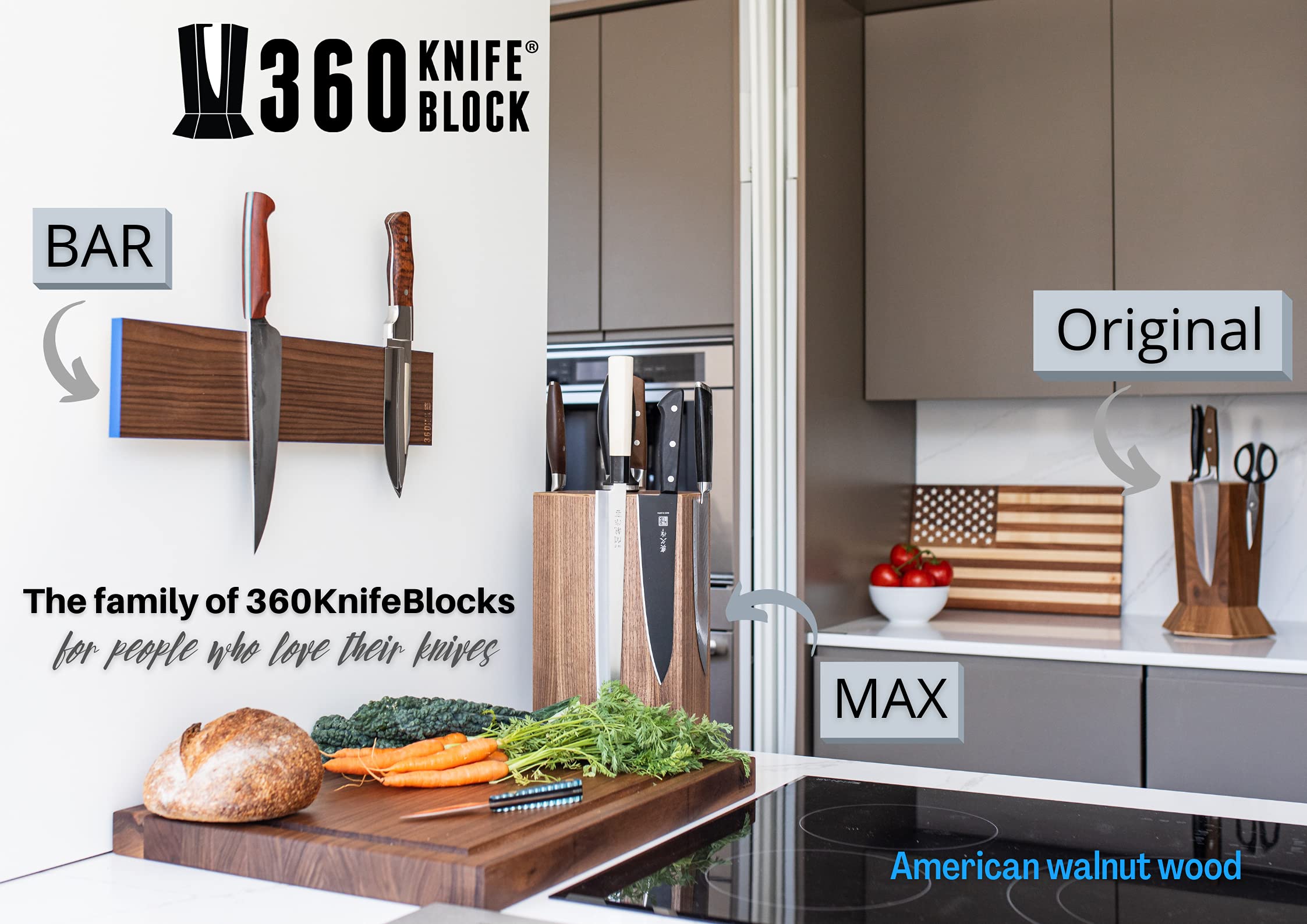 360 Knife Block MAX - (walnut) rotating, magnetic, knife block - NOW w/top slots - capacity for 20+ knives & 12" blades (Walnut wood)