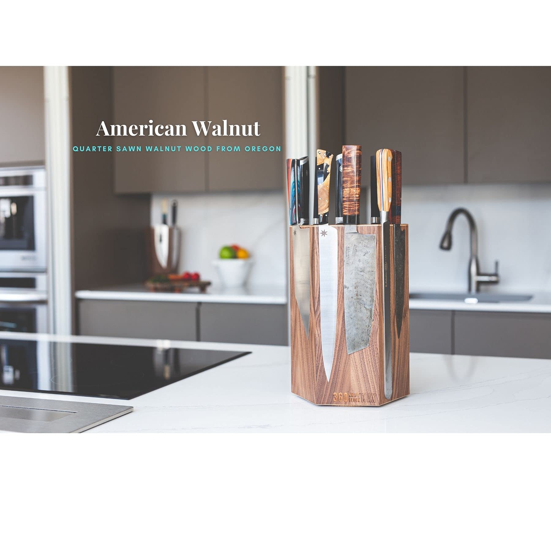 360 Knife Block MAX - (walnut) rotating, magnetic, knife block - NOW w/top slots - capacity for 20+ knives & 12" blades (Walnut wood)
