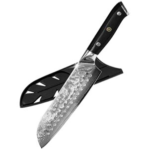 xyj vg10 real damascus steel chef knife japanese santoku knife 7 inch high carbon stainless steel razor sharp non-stick blade with ergonomic g10 handle knife sheath & gift box