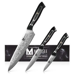 mjogee damascus professional kitchen knives - chef knife set of 3 - professional knife sets for chefs - carbon steel chef's knives - 8-inch chef knife, 5-inch utility knife, & 3.5-inch paring knife