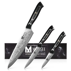 MJOGEE Damascus Professional Kitchen Knives - Chef Knife Set of 3 - Professional Knife Sets for Chefs - Carbon Steel Chef's Knives - 8-Inch Chef Knife, 5-Inch Utility Knife, & 3.5-Inch Paring Knife