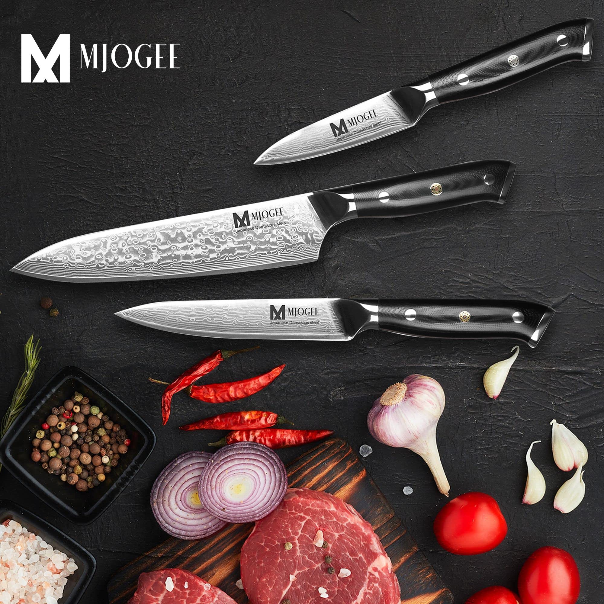 MJOGEE Damascus Professional Kitchen Knives - Chef Knife Set of 3 - Professional Knife Sets for Chefs - Carbon Steel Chef's Knives - 8-Inch Chef Knife, 5-Inch Utility Knife, & 3.5-Inch Paring Knife