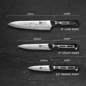 MJOGEE Damascus Professional Kitchen Knives - Chef Knife Set of 3 - Professional Knife Sets for Chefs - Carbon Steel Chef's Knives - 8-Inch Chef Knife, 5-Inch Utility Knife, & 3.5-Inch Paring Knife