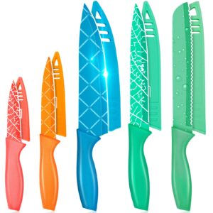 mosheng knife set,5 piece colorful knife sets with unique non stick coating surface,stainless steel knives set with covers,kitchen knife box set,chef knife,santoku knife,utility and paring knife
