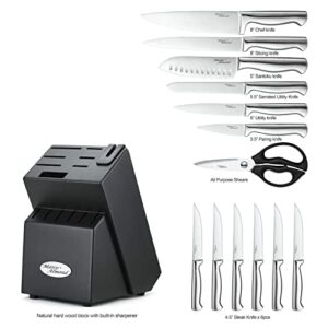 Marco Almond KYA28 Japanese High Carbon Stainless Steel Self Sharpening Knife Block Set + KYA59 Titanium Coated Stainless Steel Long Handle Spoons