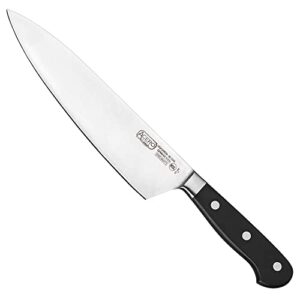 winco kfp-85, 8″ acero chef’s knife with short bolster, cook's knife with black handle, triple riveted one piece full tang professional chefs knife