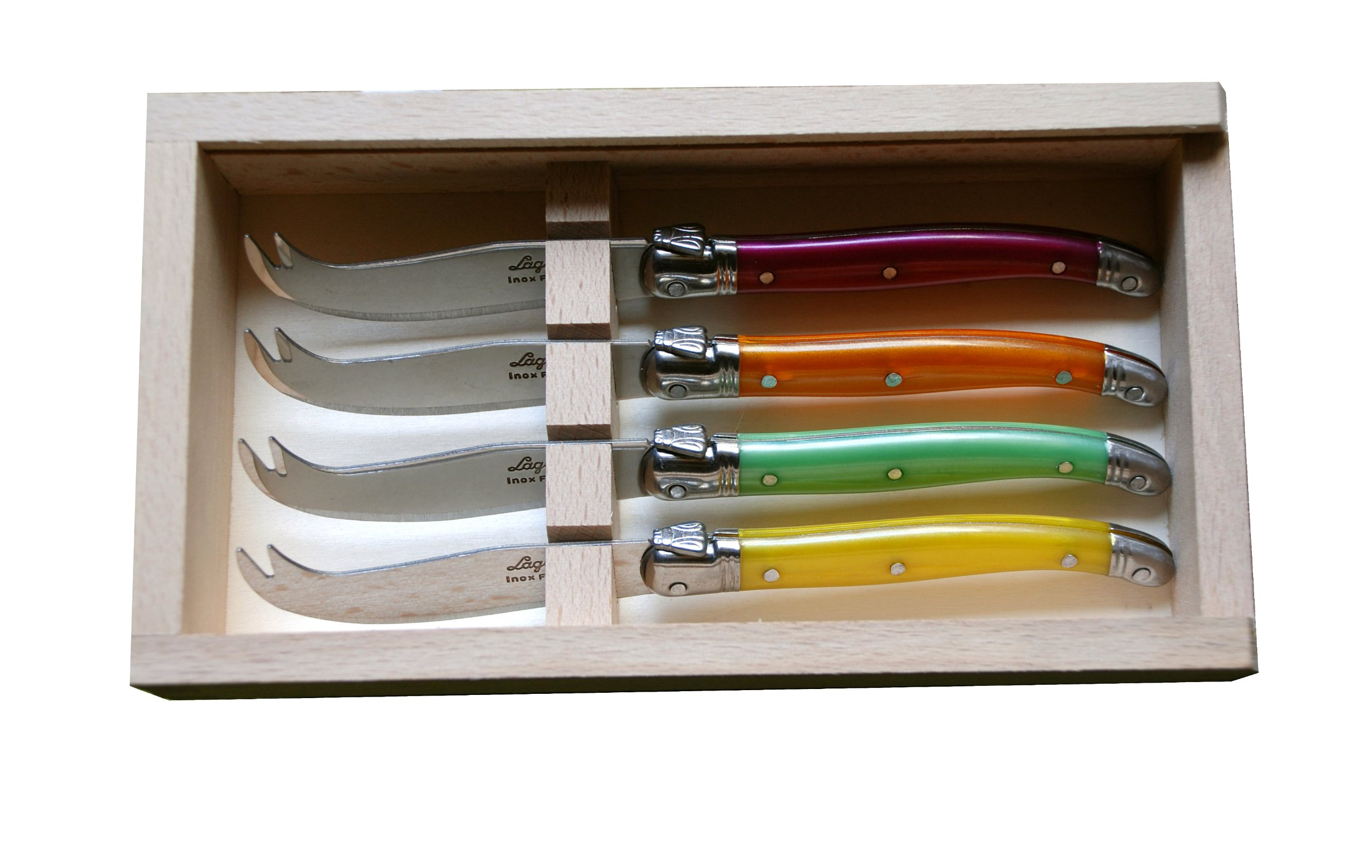 Jean Dubost 4 Cheese Knives in Box, Multicolor