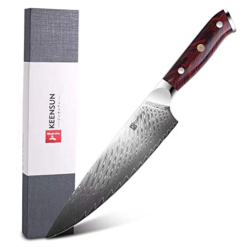 KEENSUN Damascus Chef Knife - 8 Inch Professiona Kitchen Knife Rust Resistant Japanese VG10 Super Steel 67 Layer High Carbon Stainless,with Red Ergonomic Resin Handle and Luxury Gift Box