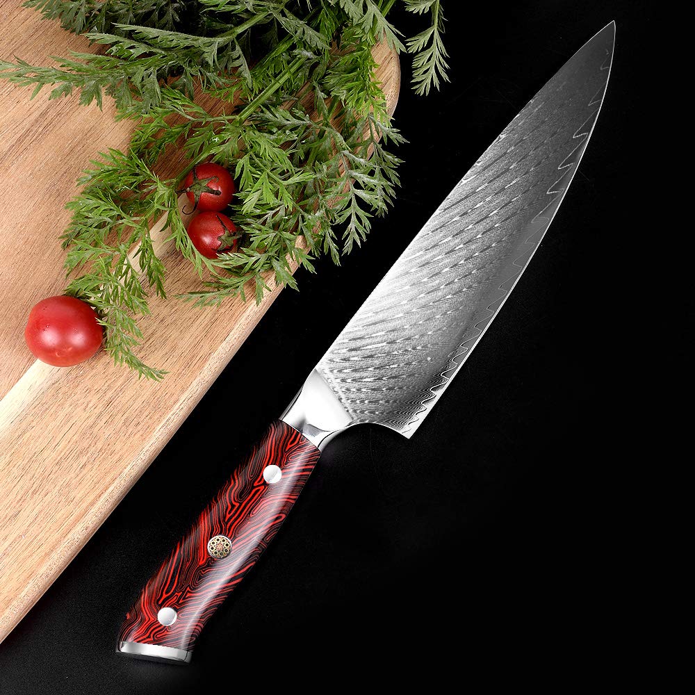KEENSUN Damascus Chef Knife - 8 Inch Professiona Kitchen Knife Rust Resistant Japanese VG10 Super Steel 67 Layer High Carbon Stainless,with Red Ergonomic Resin Handle and Luxury Gift Box