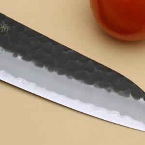 Yoshihiro Kurouchi Super Blue Steel Stainless Clad Santoku Multipurpose Chef Knife (7" (180mm) & Saya, Black Pakkawood Handle)